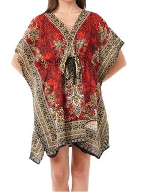 Red Printed V-Neck Tunic with Black Tie and Gold Accents